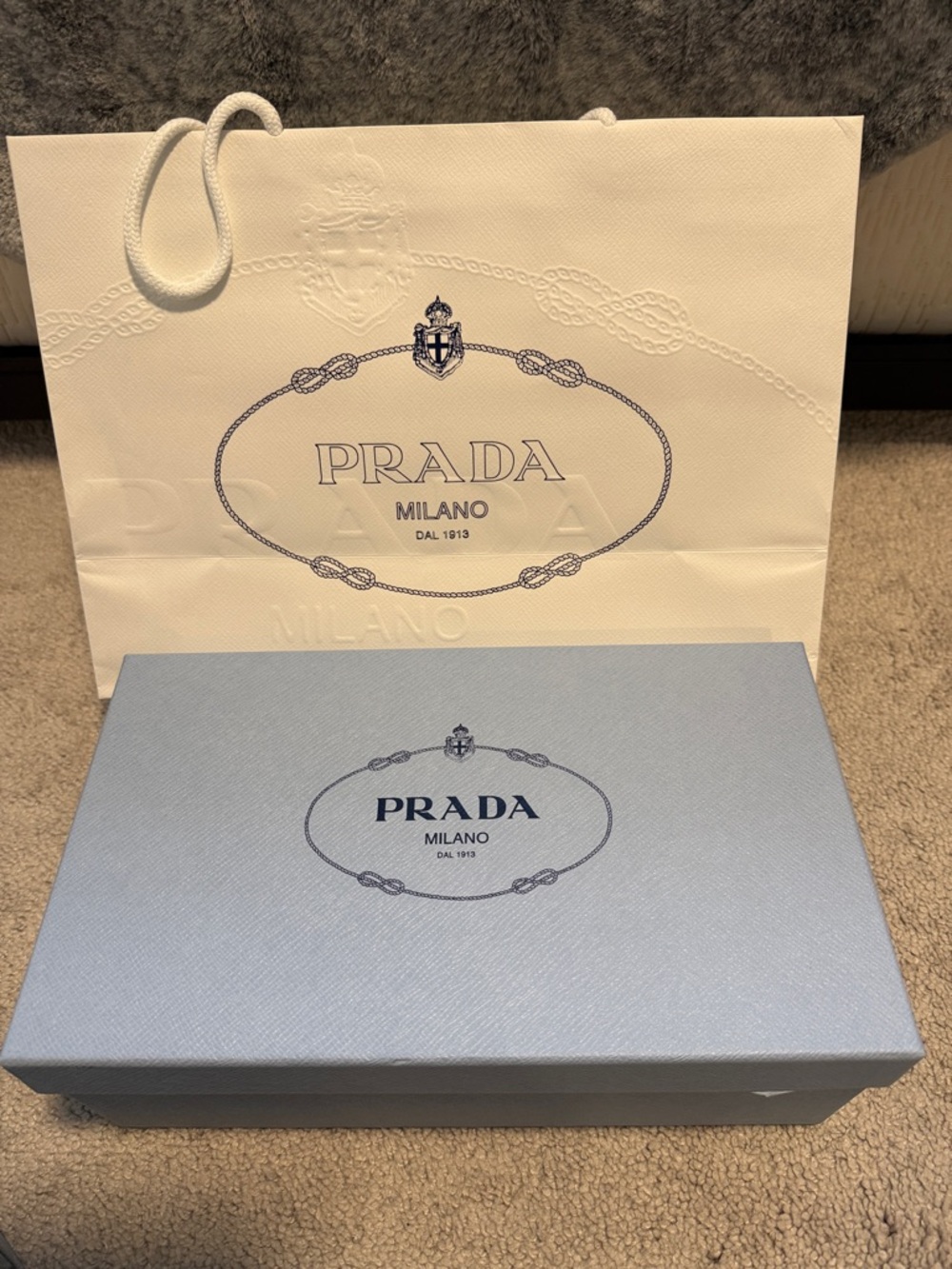 Prada Light Blue Logo Gift Box with White Shopping Bag